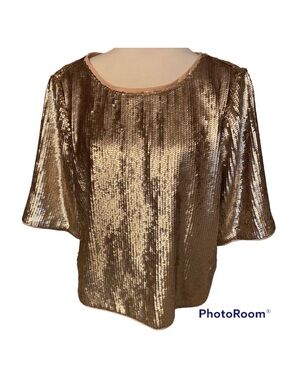 J. CREW TOP BLOUSE PALE PINK SEQUINS SHORT SLEEVES BLACK BOW TIE BACK SIZE 8